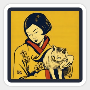 Asian Relaxed Woman with Cat Sticker